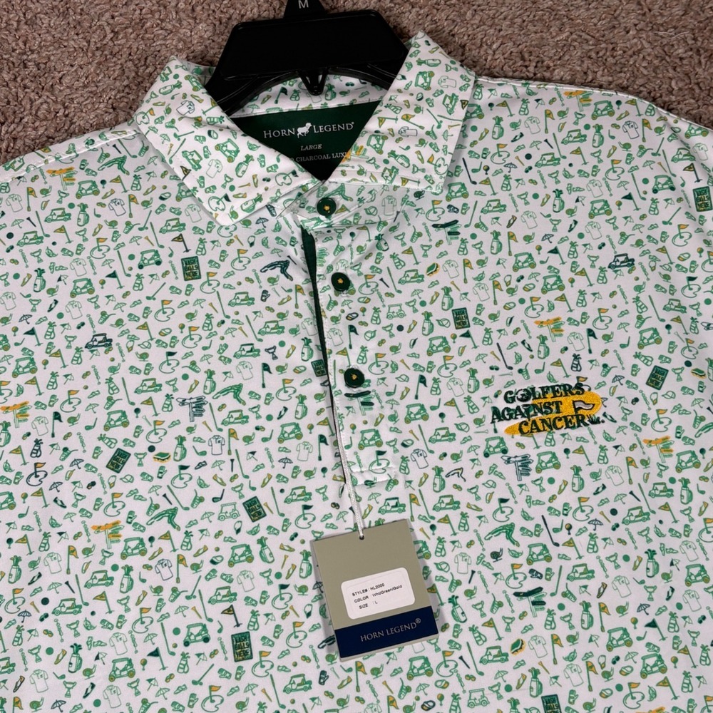 Horn Legend Mens White Green Golf Print Bamboo Charcoal Polo Shirt Large HL2000